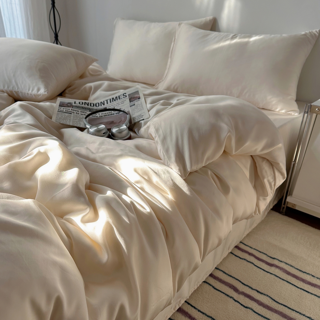 悦织湾家纺 2026新款亲肤舒适冰丝四件套夏秋季凉爽透气纯色双拼床上用品学生宿舍单双人三四件套 可可奶油