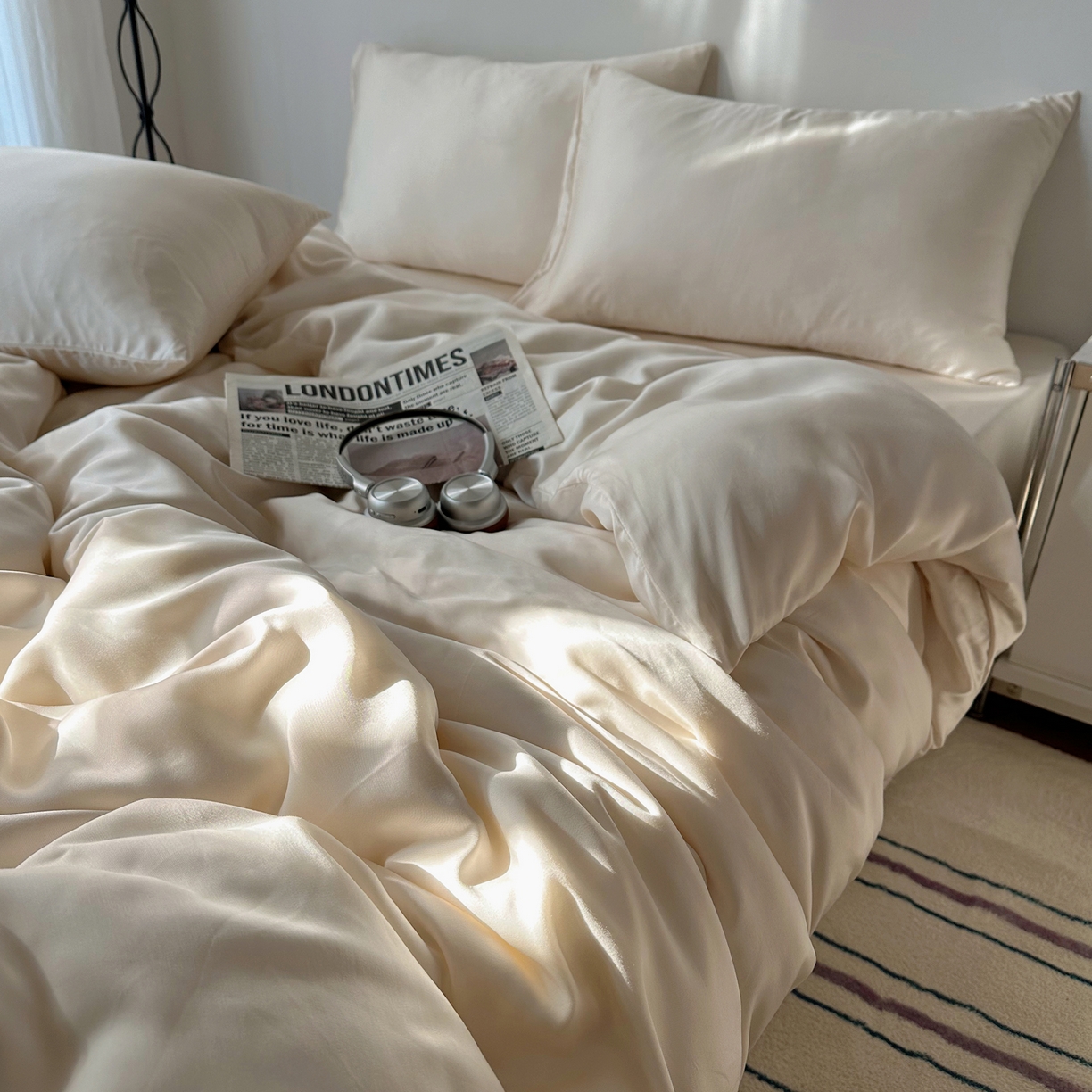 91家纺网 家纺一手货源 找家纺 悦织湾家纺 2026新款亲肤舒适冰丝四件套夏秋季凉爽透气纯色双拼床上用品学生宿舍单双人三四件套 可可奶油