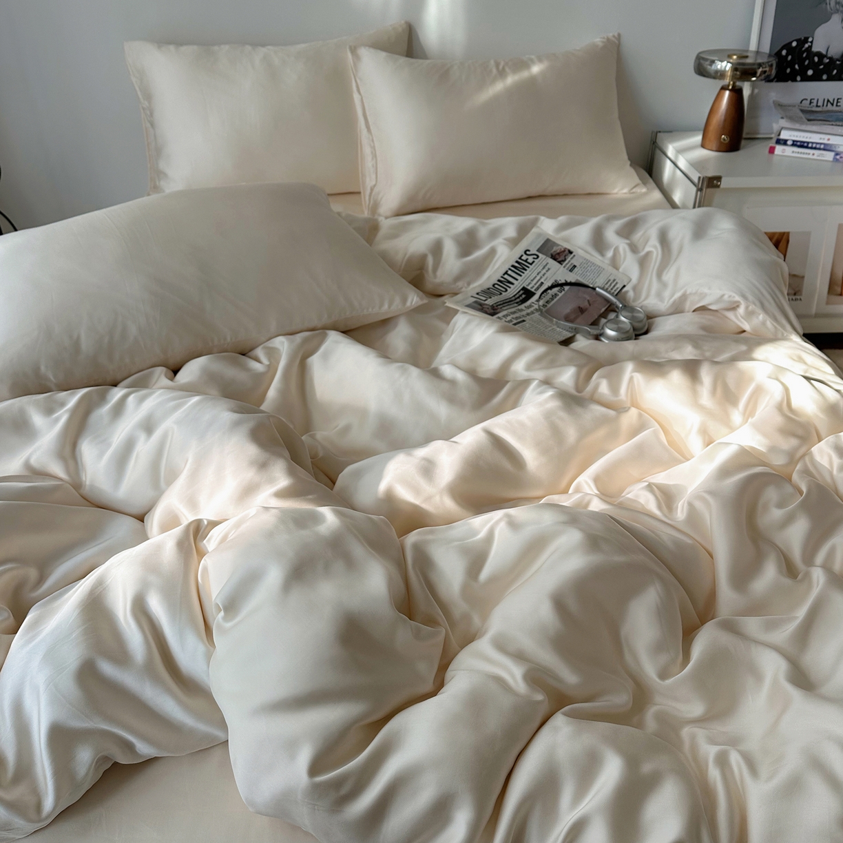 91家纺网 家纺一手货源 找家纺 悦织湾家纺 2026新款亲肤舒适冰丝四件套夏秋季凉爽透气纯色双拼床上用品学生宿舍单双人三四件套 可可奶油