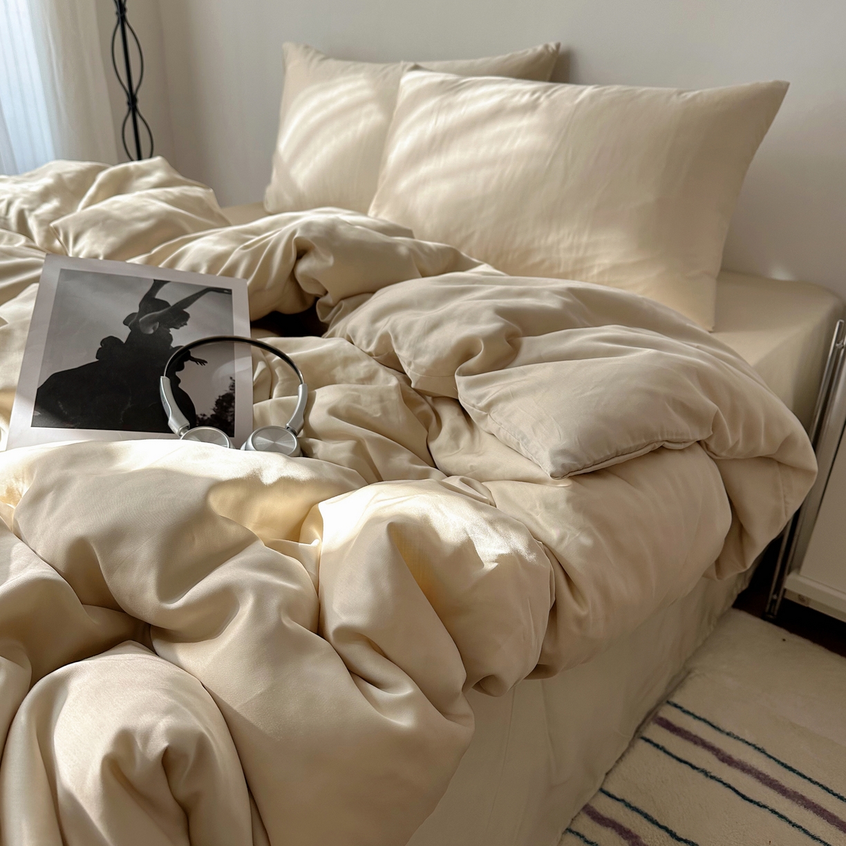 悦织湾家纺 2026新款亲肤舒适冰丝四件套夏秋季凉爽透气纯色双拼床上用品学生宿舍单双人三四件套 可可香槟