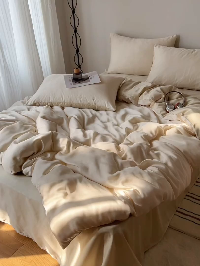 91家纺网 家纺一手货源 找家纺 悦织湾家纺 2026新款亲肤舒适冰丝四件套夏秋季凉爽透气纯色双拼床上用品学生宿舍单双人三四件套 可可香槟