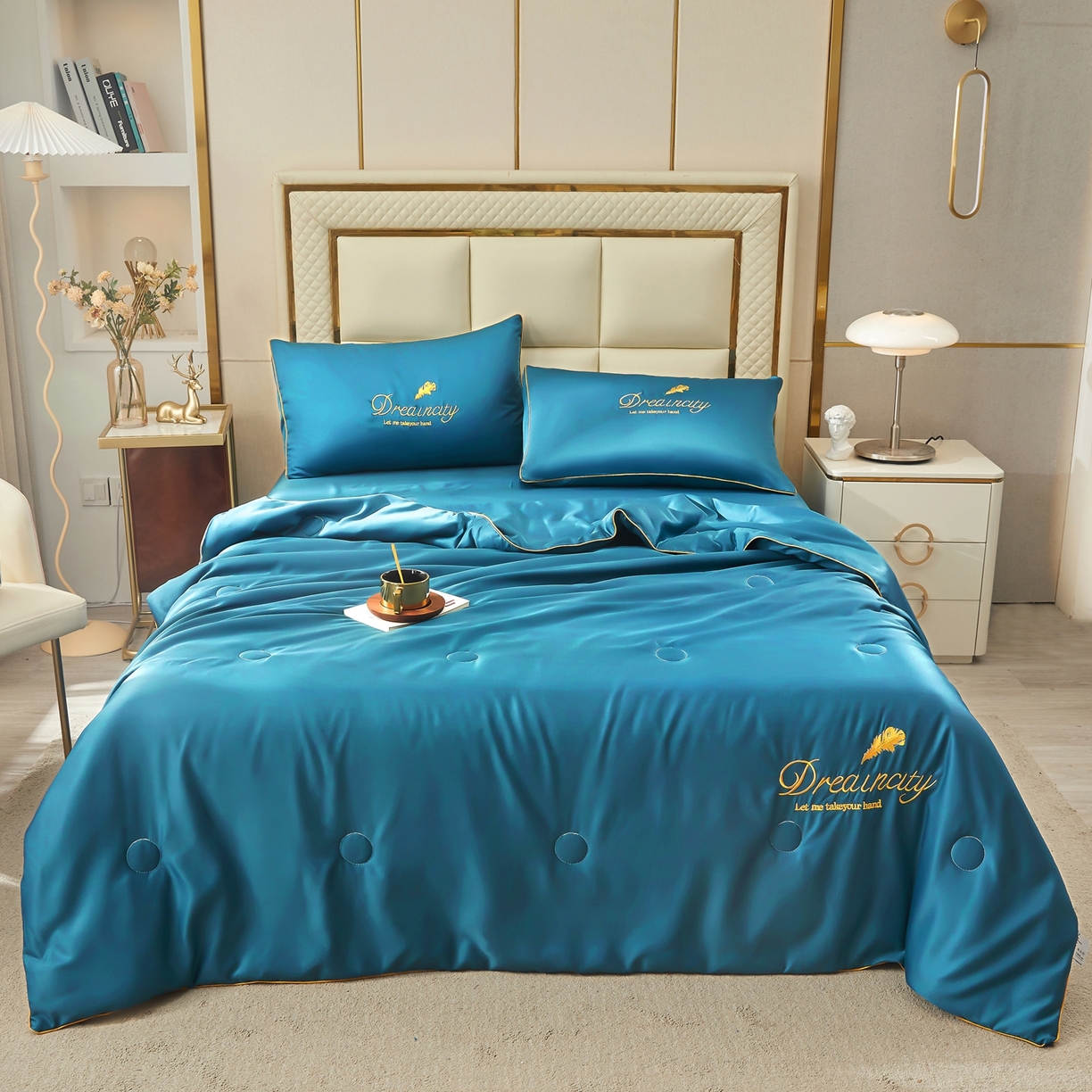 91家纺网 家纺一手货源 找家纺 好尚居 2026新款水洗真丝刺绣夏被被子被芯四件套 宾利蓝