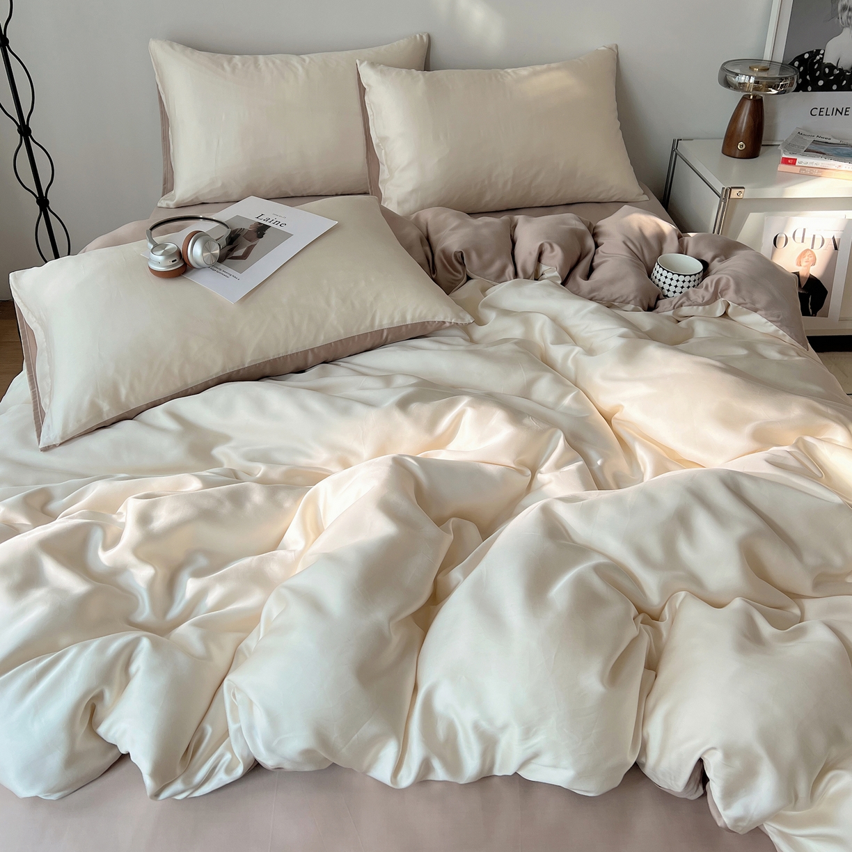 91家纺网 家纺一手货源 找家纺 悦织湾家纺 2026新款亲肤舒适冰丝四件套夏秋季凉爽透气纯色双拼床上用品学生宿舍单双人三四件套 生椰拿铁