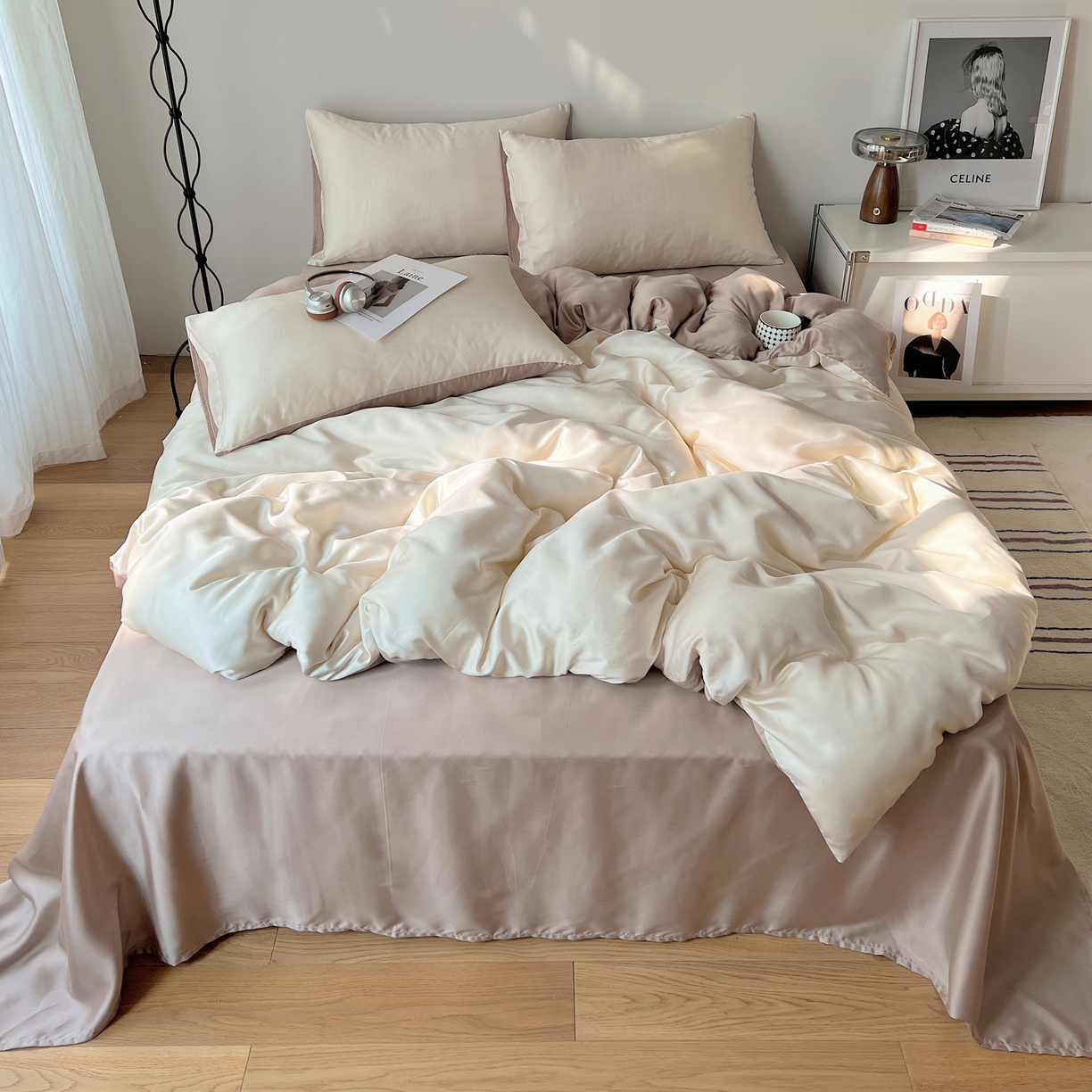 91家纺网 家纺一手货源 找家纺 悦织湾家纺 2026新款亲肤舒适冰丝四件套夏秋季凉爽透气纯色双拼床上用品学生宿舍单双人三四件套 生椰拿铁