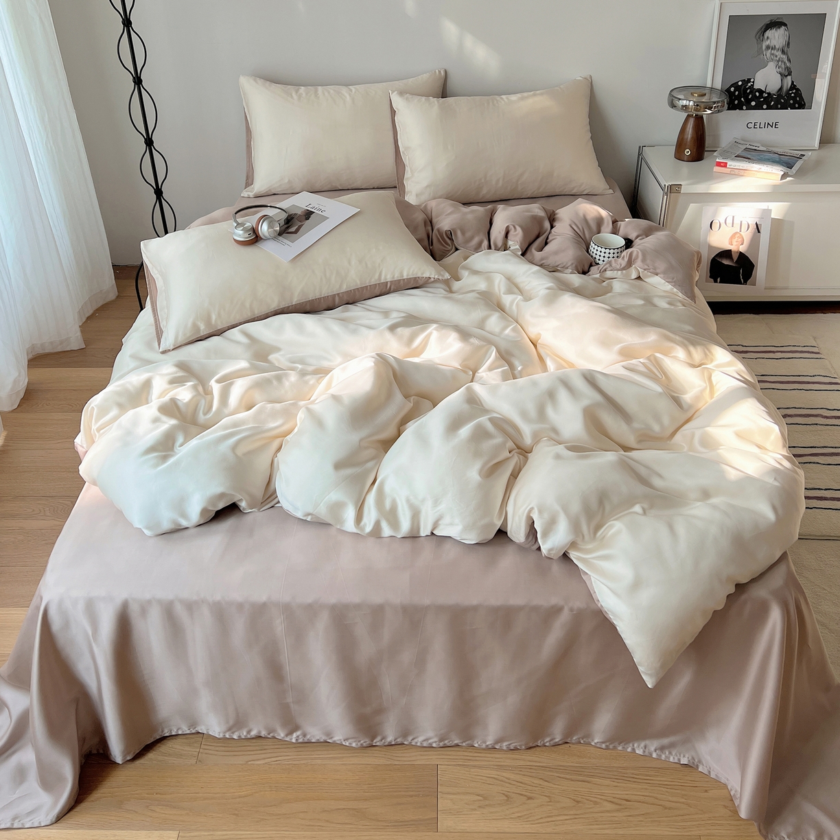 91家纺网 家纺一手货源 找家纺 悦织湾家纺 2026新款亲肤舒适冰丝四件套夏秋季凉爽透气纯色双拼床上用品学生宿舍单双人三四件套 生椰拿铁