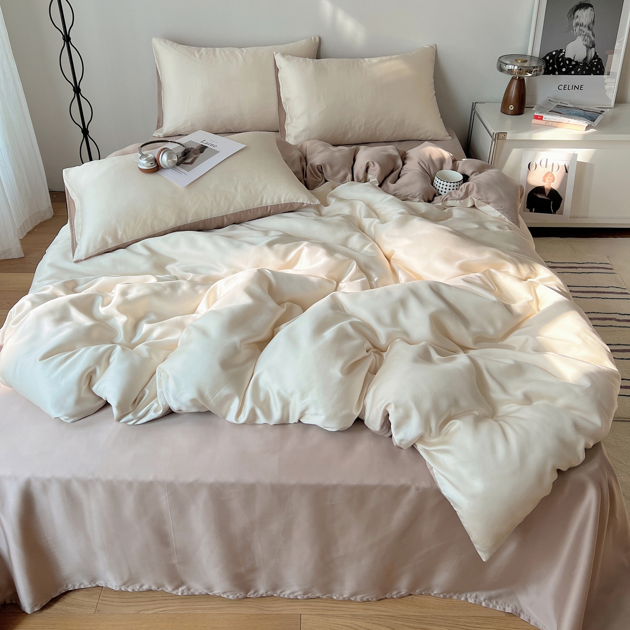 91家纺网 家纺一手货源 找家纺 悦织湾家纺 2026新款亲肤舒适冰丝四件套夏秋季凉爽透气纯色双拼床上用品学生宿舍单双人三四件套 生椰拿铁