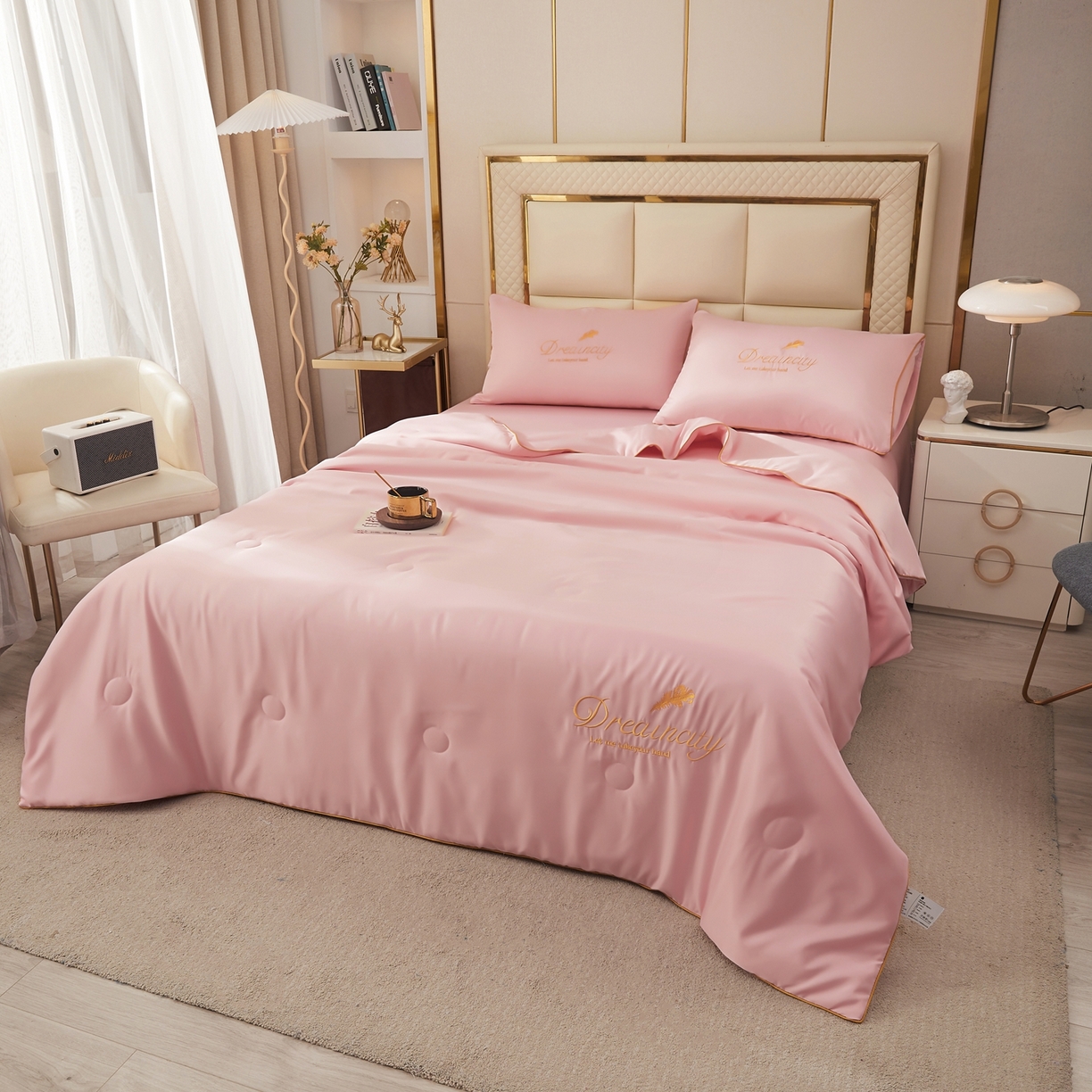 91家纺网 家纺一手货源 找家纺 好尚居 2026新款水洗真丝刺绣夏被被子被芯四件套 粉玉