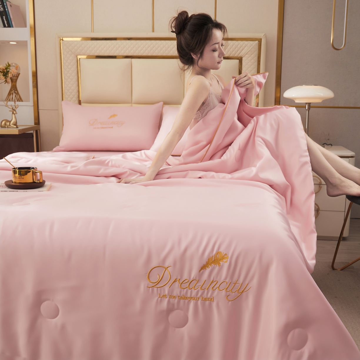 好尚居 2026新款水洗真丝刺绣夏被被子被芯四件套 粉玉