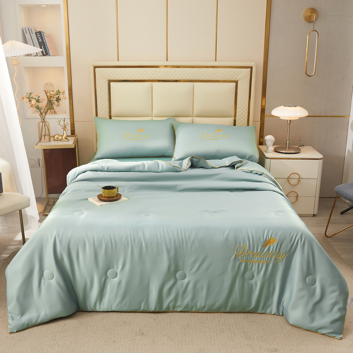 91家纺网 家纺一手货源 找家纺 好尚居 2026新款水洗真丝刺绣夏被被子被芯四件套 深海蓝