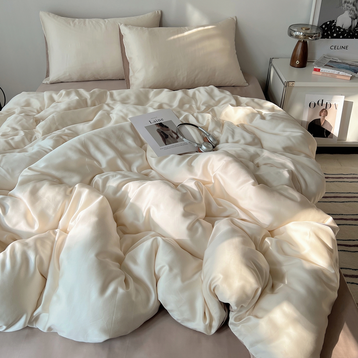 91家纺网 家纺一手货源 找家纺 悦织湾家纺 2026新款亲肤舒适冰丝四件套夏秋季凉爽透气纯色双拼床上用品学生宿舍单双人三四件套 生椰拿铁