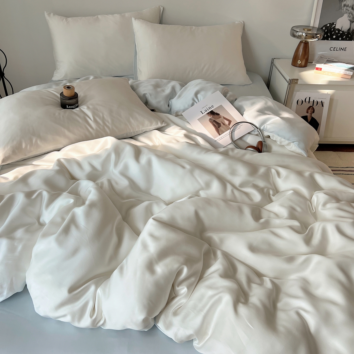 91家纺网 家纺一手货源 找家纺 悦织湾家纺 2026新款亲肤舒适冰丝四件套夏秋季凉爽透气纯色双拼床上用品学生宿舍单双人三四件套 云霜蓝调