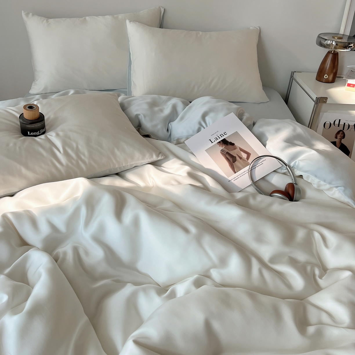 91家纺网 家纺一手货源 找家纺 悦织湾家纺 2026新款亲肤舒适冰丝四件套夏秋季凉爽透气纯色双拼床上用品学生宿舍单双人三四件套 云霜蓝调