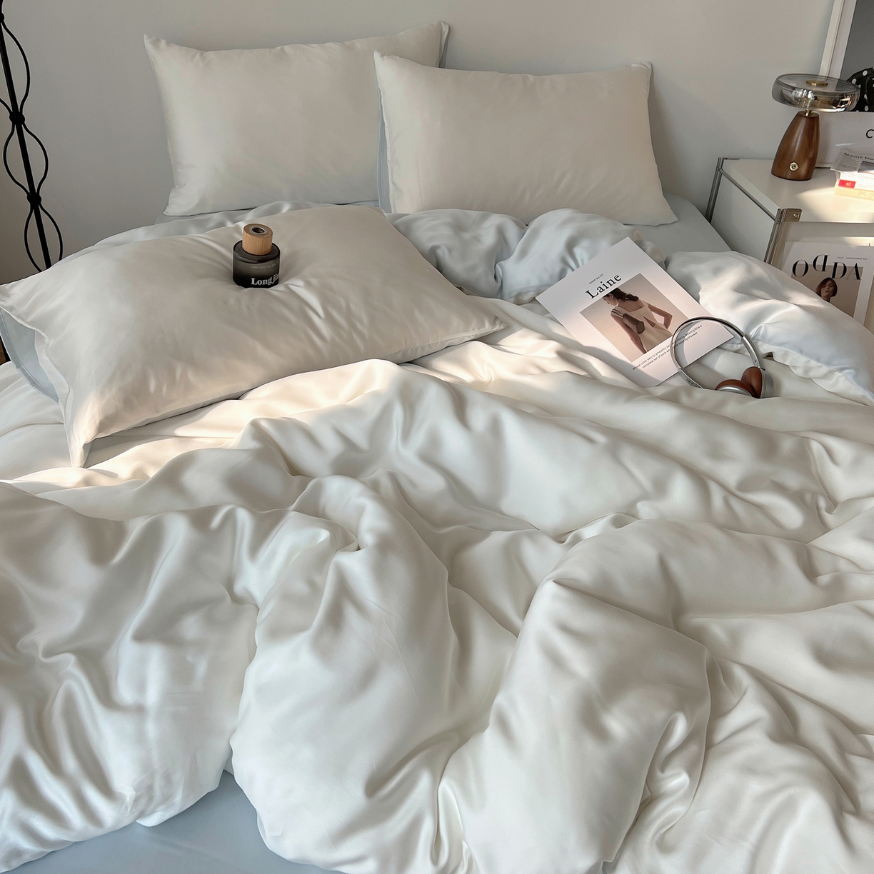 91家纺网 家纺一手货源 找家纺 悦织湾家纺 2026新款亲肤舒适冰丝四件套夏秋季凉爽透气纯色双拼床上用品学生宿舍单双人三四件套 云霜蓝调