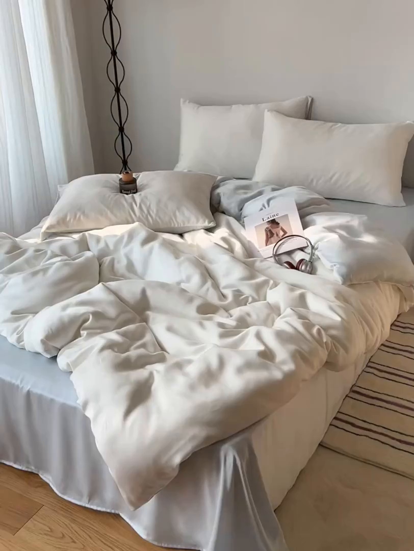 91家纺网 家纺一手货源 找家纺 悦织湾家纺 2026新款亲肤舒适冰丝四件套夏秋季凉爽透气纯色双拼床上用品学生宿舍单双人三四件套 云霜蓝调