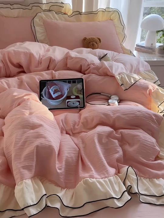 91家纺网 家纺一手货源 找家纺 （总）轻奢坊 2026新款皱皱纱双层密拷花边四件套-洛可可