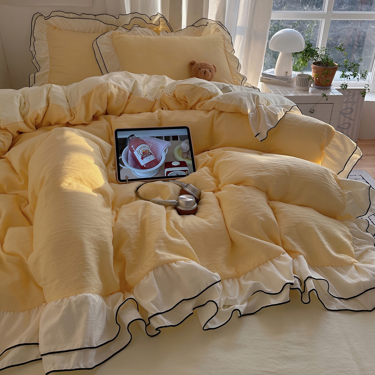 轻奢坊 2026新款皱皱纱双层密拷花边四件套-洛可可 洛可可黄