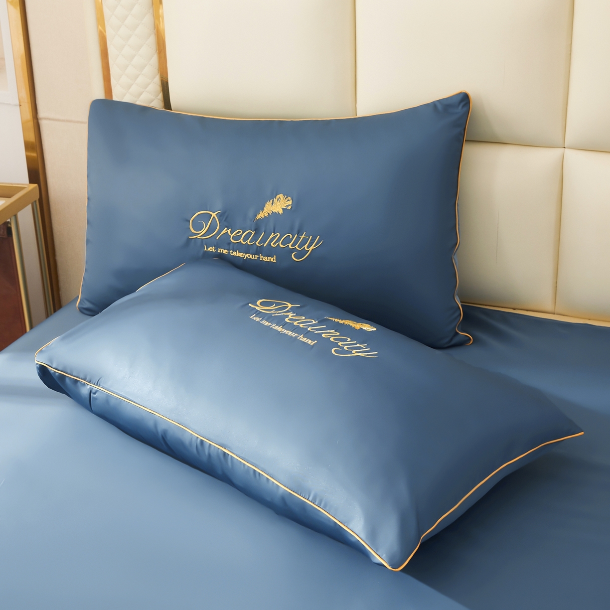 91家纺网 家纺一手货源 找家纺 好尚居 2026新款水洗真丝刺绣夏被被子被芯四件套 雾霾蓝