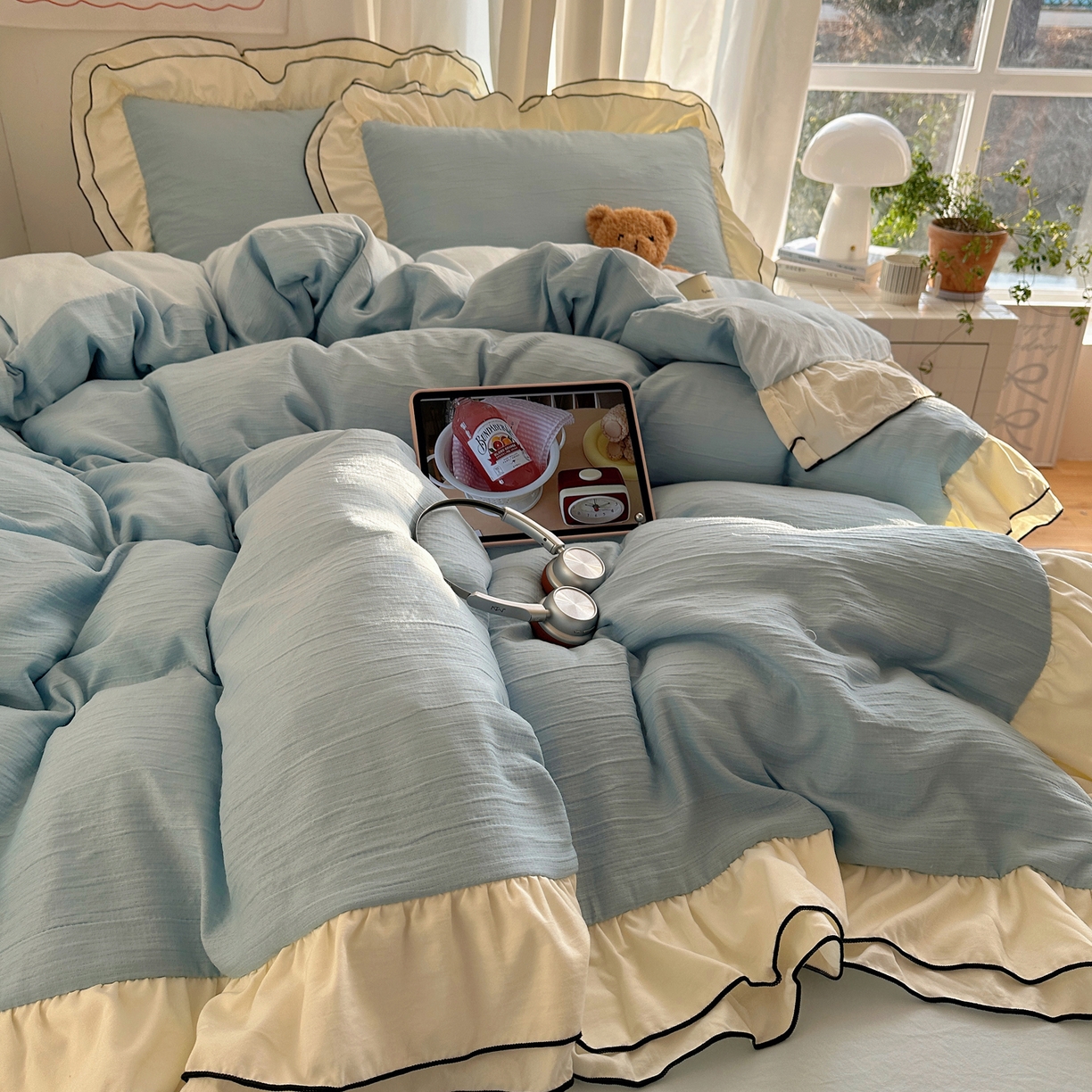 轻奢坊 2026新款皱皱纱双层密拷花边四件套-洛可可 洛可可蓝