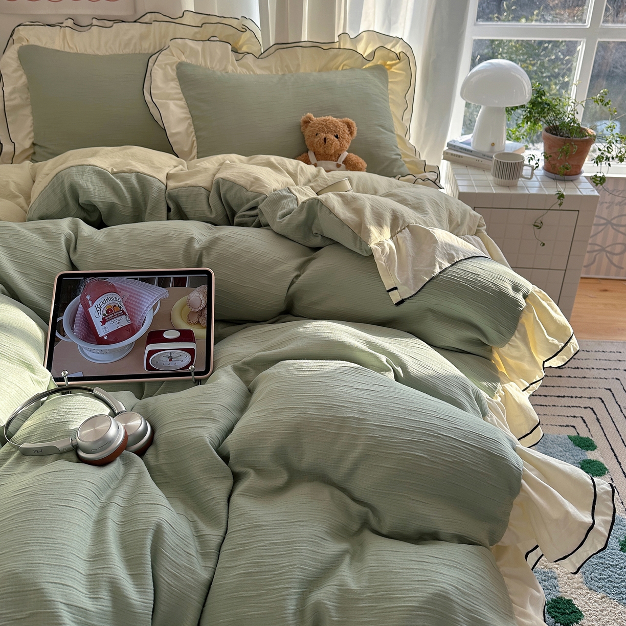 91家纺网 家纺一手货源 找家纺 轻奢坊 2026新款皱皱纱双层密拷花边四件套-洛可可 洛可可绿