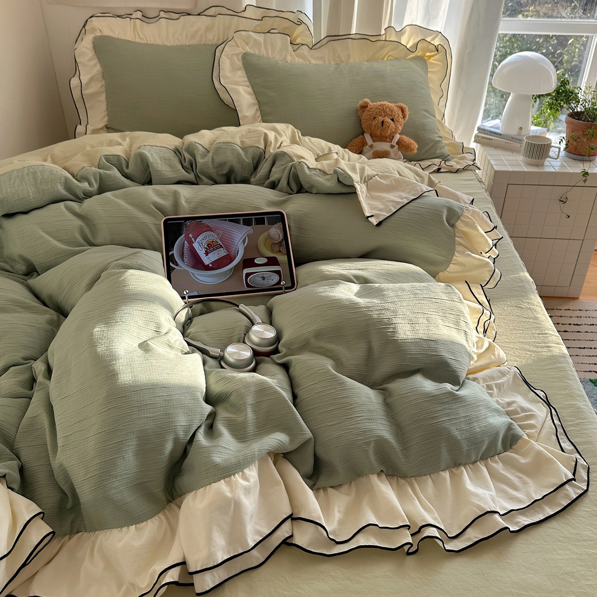 91家纺网 家纺一手货源 找家纺 轻奢坊 2026新款皱皱纱双层密拷花边四件套-洛可可 洛可可绿