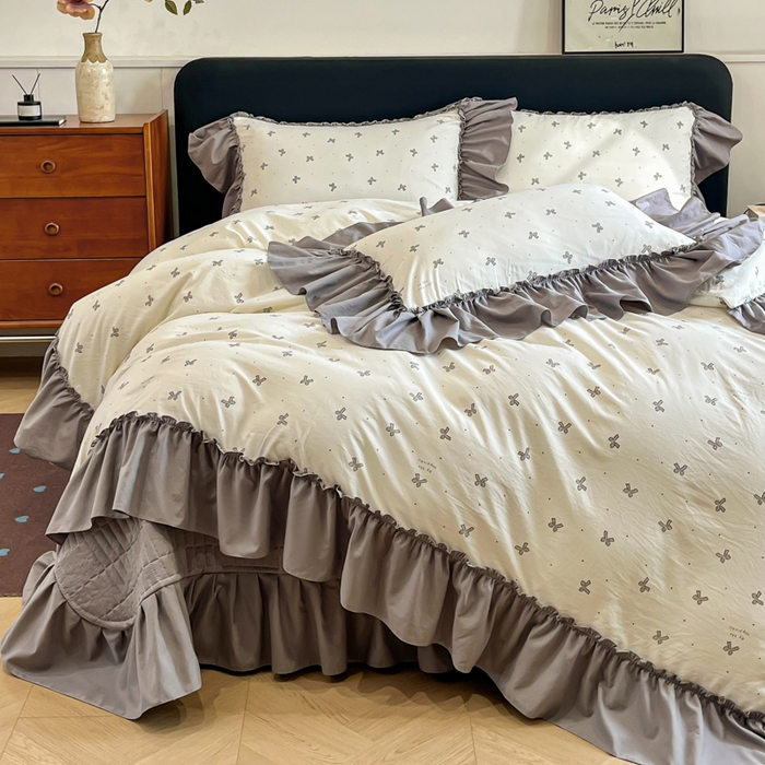 91家纺网 家纺一手货源 找家纺 （总）梦可莱家居 2026春夏新品法式复古大花边清新复古卡通系列床盖四件套