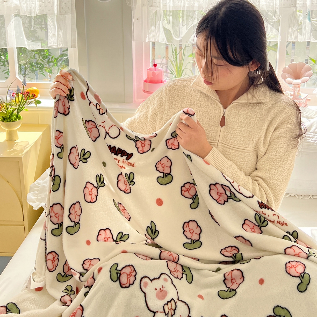 91家纺网 家纺一手货源 找家纺 悦织湾家纺 2026新款印花法兰绒毛毯牛奶绒盖毯春秋空调毯儿童床单小被子 花花世界