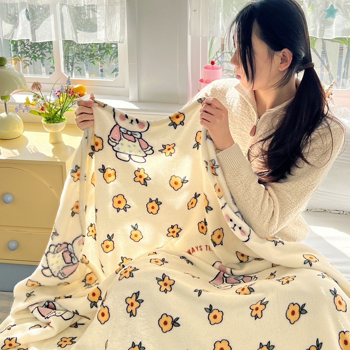 91家纺网 家纺一手货源 找家纺 悦织湾家纺 2026新款印花法兰绒毛毯牛奶绒盖毯春秋空调毯儿童床单小被子 田园兔