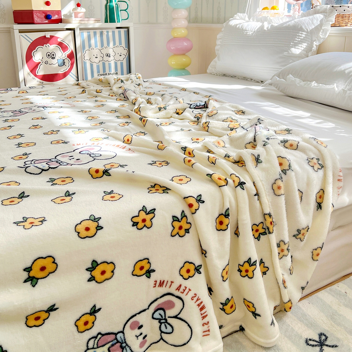 91家纺网 家纺一手货源 找家纺 悦织湾家纺 2026新款印花法兰绒毛毯牛奶绒盖毯春秋空调毯儿童床单小被子 田园兔