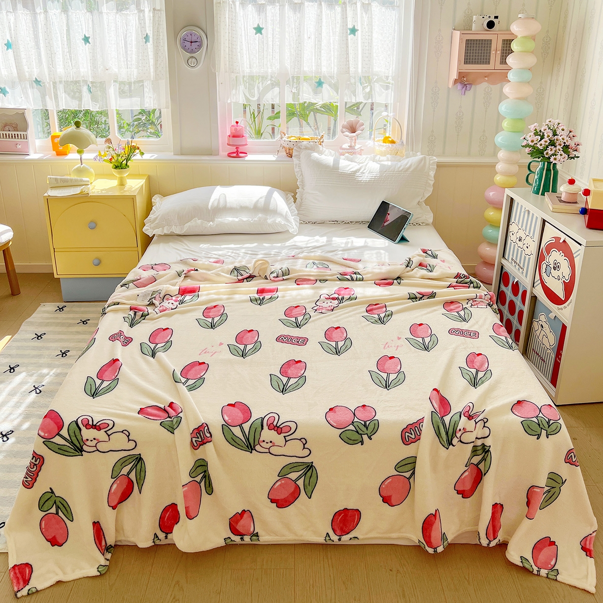 悦织湾家纺 2026新款印花法兰绒毛毯牛奶绒盖毯春秋空调毯儿童床单小被子 郁金香