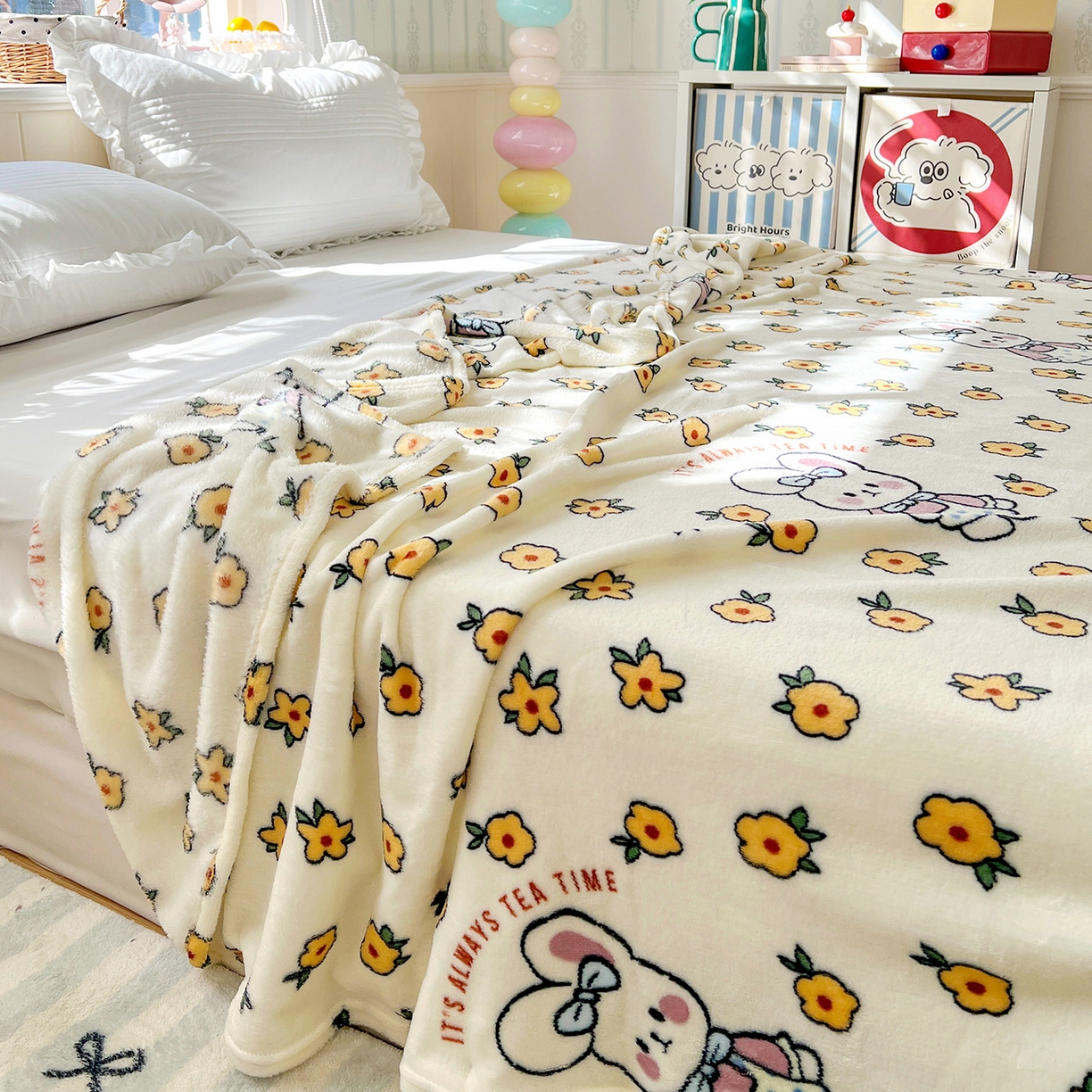 91家纺网 家纺一手货源 找家纺 悦织湾家纺 2026新款印花法兰绒毛毯牛奶绒盖毯春秋空调毯儿童床单小被子 田园兔