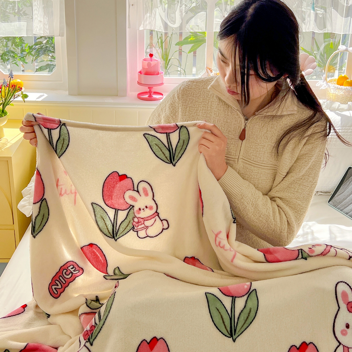 91家纺网 家纺一手货源 找家纺 悦织湾家纺 2026新款印花法兰绒毛毯牛奶绒盖毯春秋空调毯儿童床单小被子 郁金香