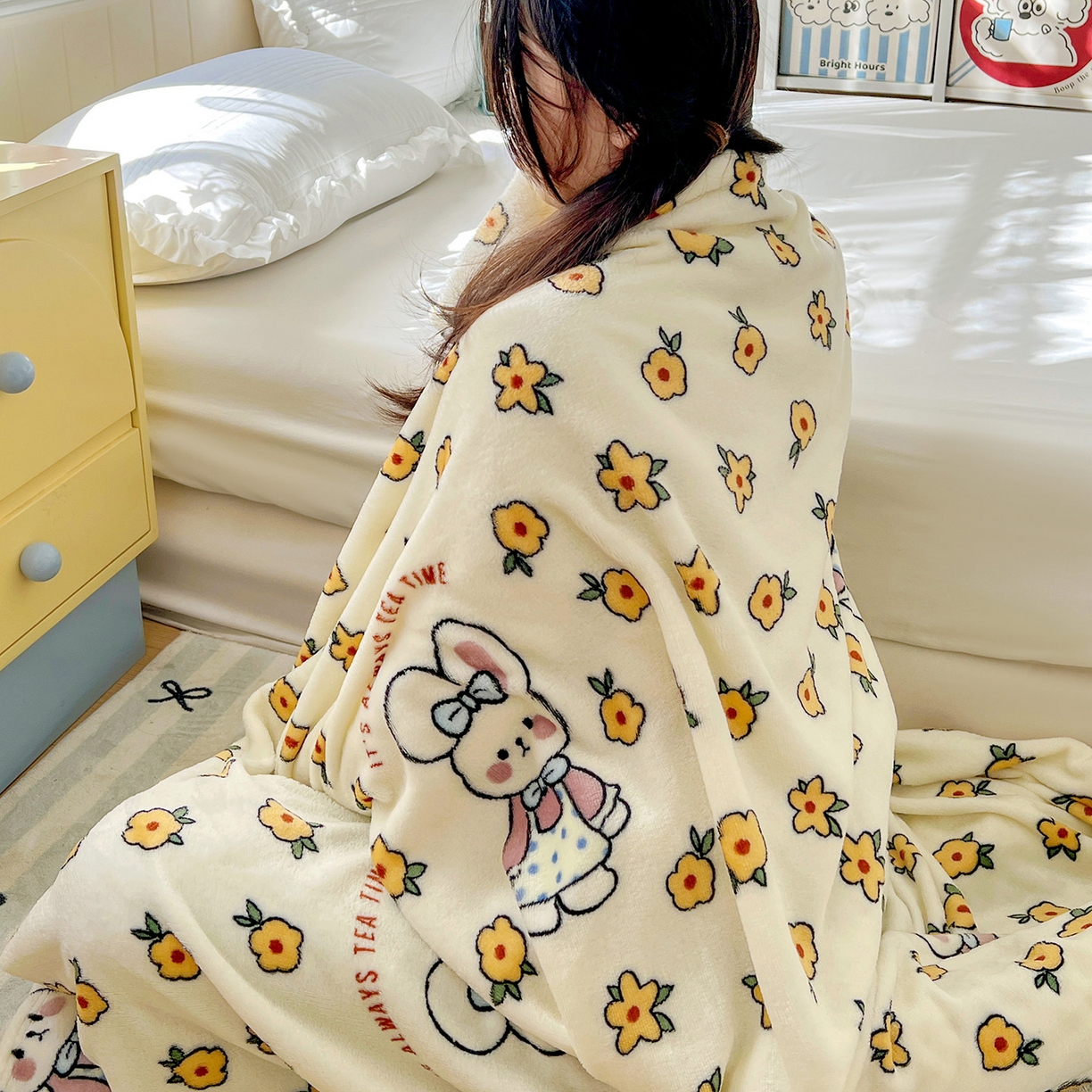 91家纺网 家纺一手货源 找家纺 悦织湾家纺 2026新款印花法兰绒毛毯牛奶绒盖毯春秋空调毯儿童床单小被子 田园兔