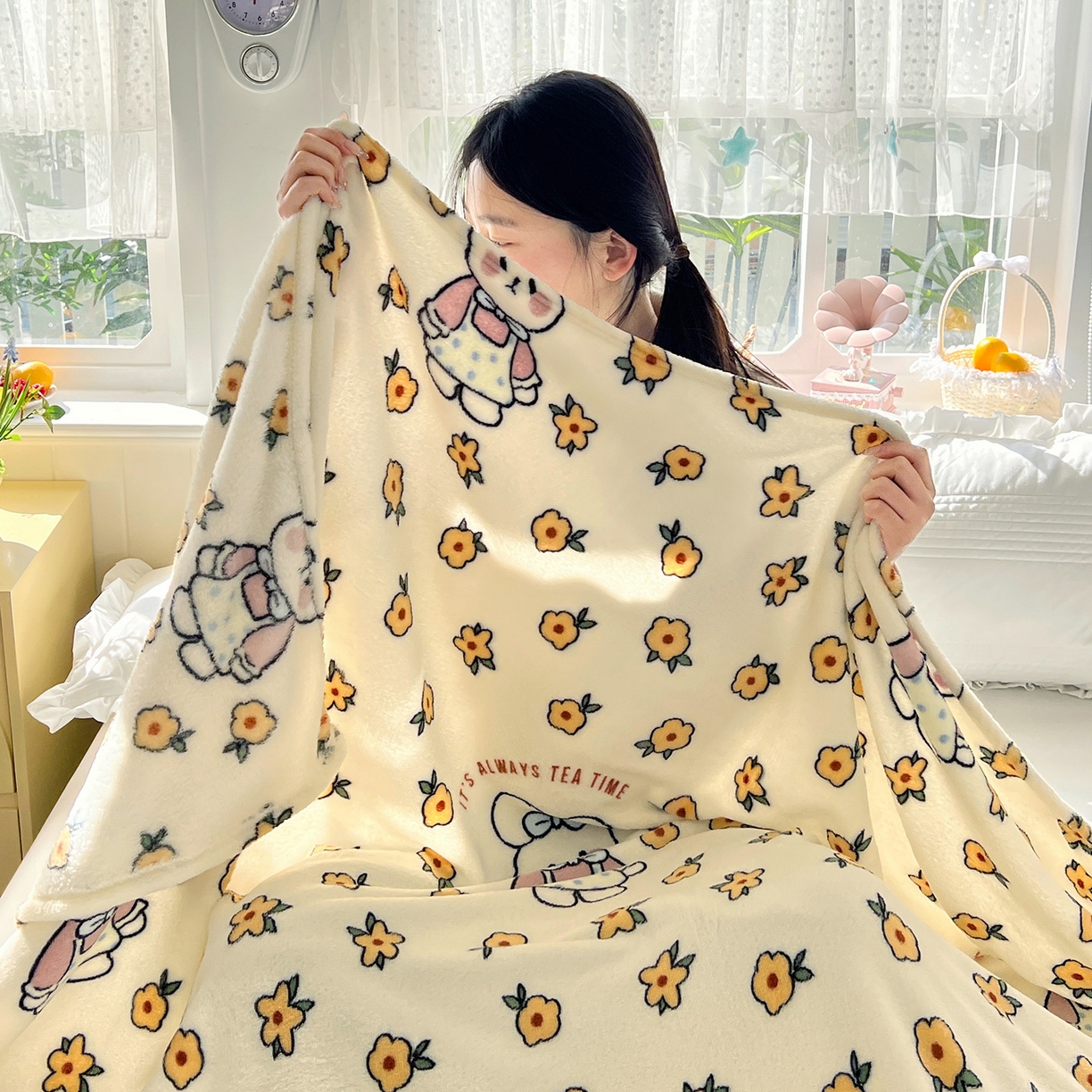 91家纺网 家纺一手货源 找家纺 悦织湾家纺 2026新款印花法兰绒毛毯牛奶绒盖毯春秋空调毯儿童床单小被子 田园兔