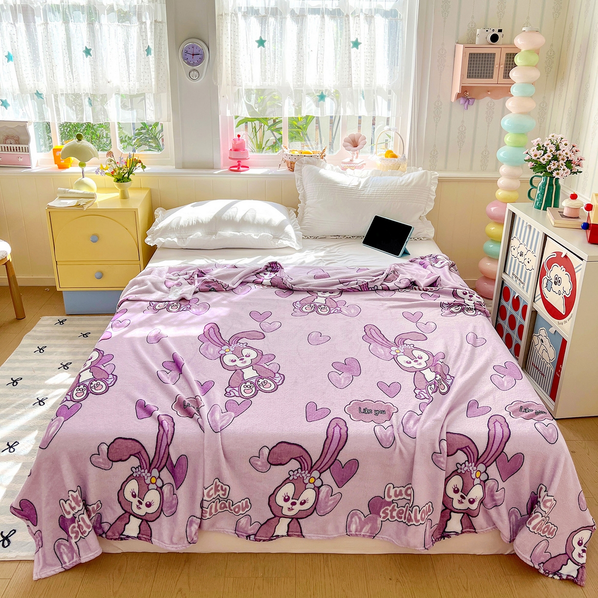 悦织湾家纺 2026新款印花法兰绒毛毯牛奶绒盖毯春秋空调毯儿童床单小被子 幸运兔