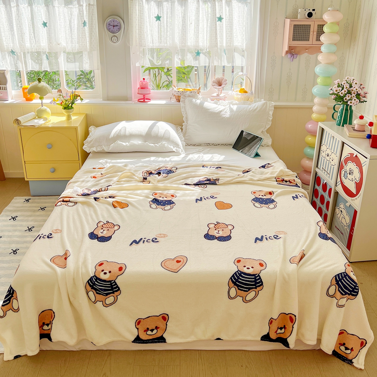 悦织湾家纺 2026新款印花法兰绒毛毯牛奶绒盖毯春秋空调毯儿童床单小被子 英伦熊