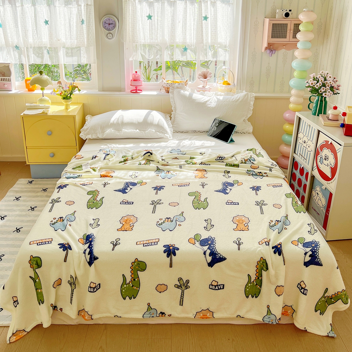 悦织湾家纺 2026新款印花法兰绒毛毯牛奶绒盖毯春秋空调毯儿童床单小被子 恐龙宝贝
