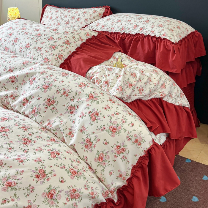 91家纺网 家纺一手货源 找家纺 梦可莱家居 2026春夏新品法式复古大花边清新复古卡通系列床盖四件套 梨花落