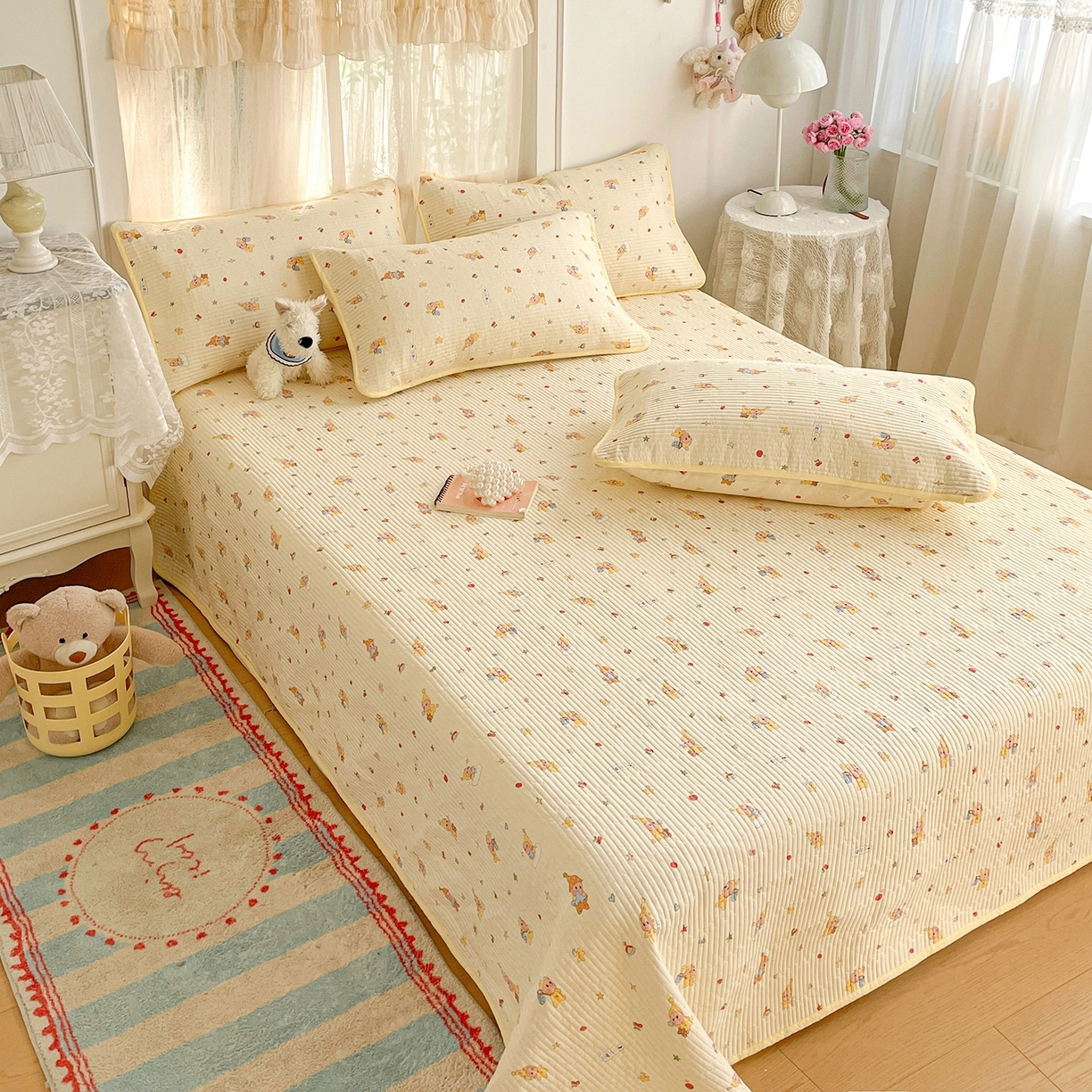 91家纺网 家纺一手货源 找家纺 （总）金丝兔 2026春夏新品全棉床盖三件套纯棉砂洗床盖榻榻米炕盖加厚碎花床单