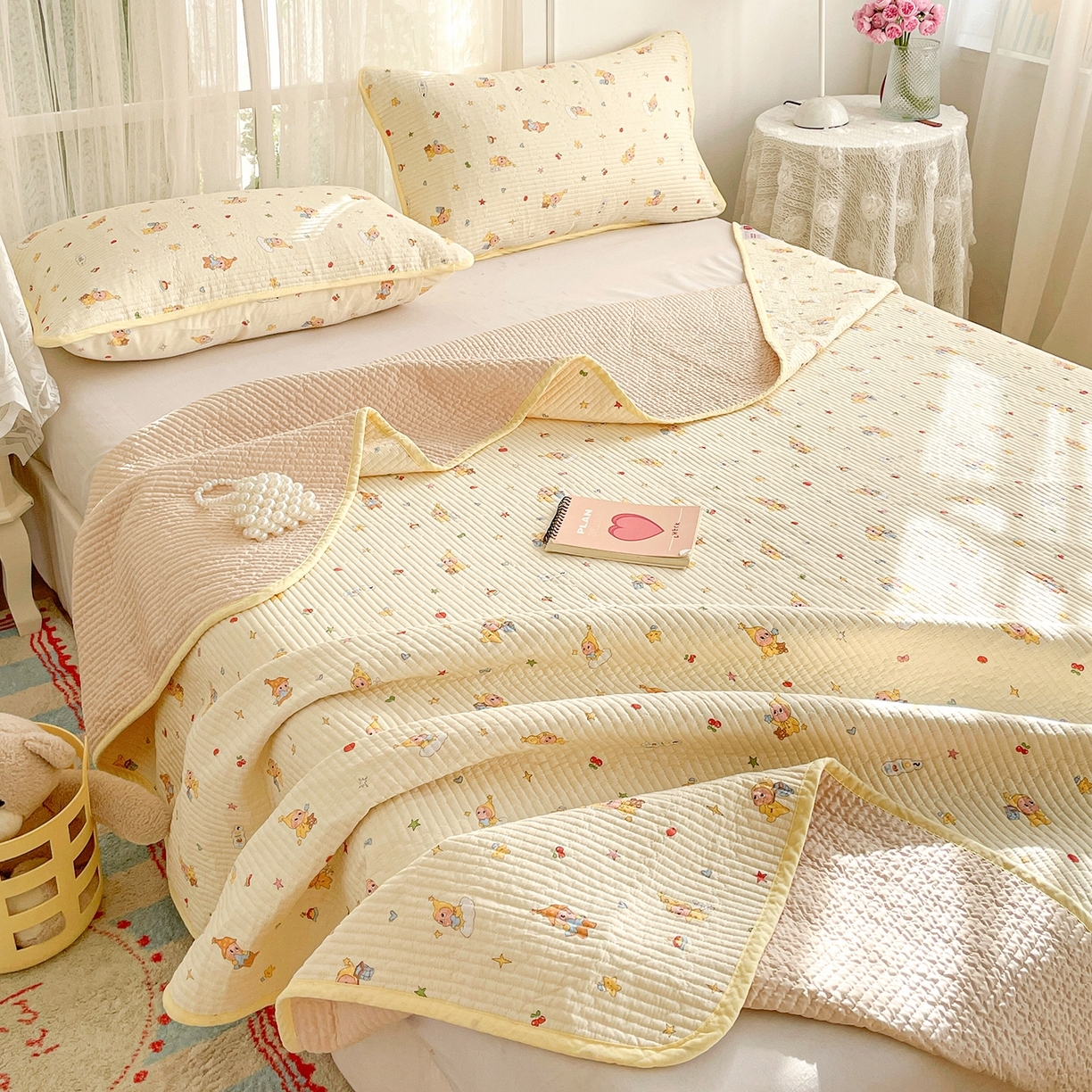 91家纺网 家纺一手货源 找家纺 （总）金丝兔 2026春夏新品全棉床盖三件套纯棉砂洗床盖榻榻米炕盖加厚碎花床单