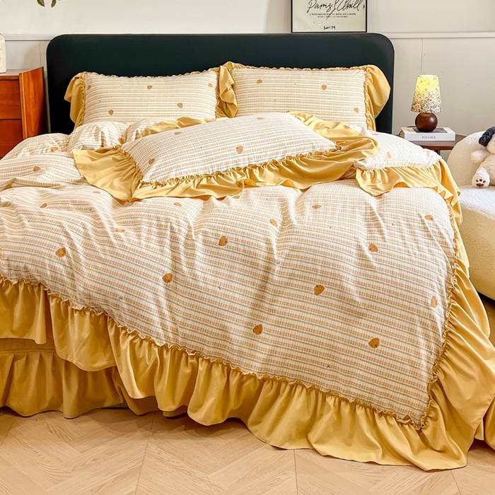 91家纺网 家纺一手货源 找家纺 梦可莱家居 2026春夏新品法式复古大花边清新复古卡通系列床盖四件套 南瓜