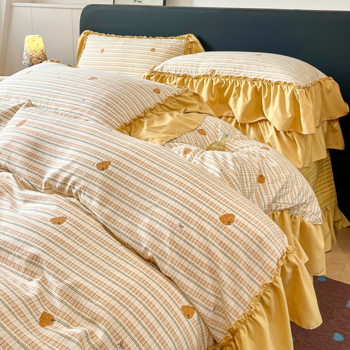 91家纺网 家纺一手货源 找家纺 梦可莱家居 2026春夏新品法式复古大花边清新复古卡通系列床盖四件套 南瓜