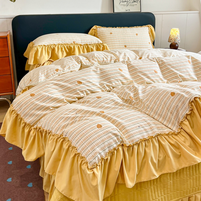 91家纺网 家纺一手货源 找家纺 梦可莱家居 2026春夏新品法式复古大花边清新复古卡通系列床盖四件套 南瓜