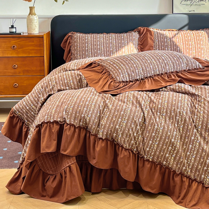 91家纺网 家纺一手货源 找家纺 梦可莱家居 2026春夏新品法式复古大花边清新复古卡通系列床盖四件套 田园牧歌