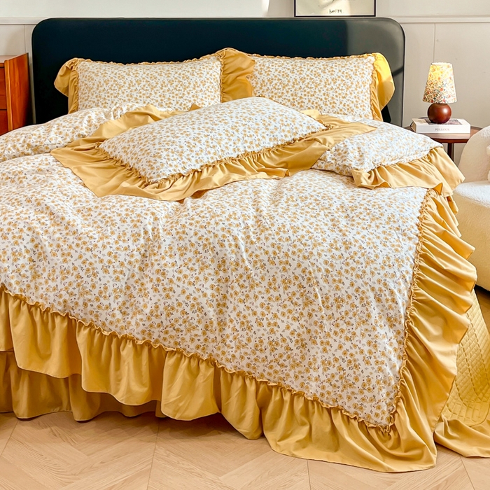 91家纺网 家纺一手货源 找家纺 梦可莱家居 2026春夏新品法式复古大花边清新复古卡通系列床盖四件套 小黄花儿