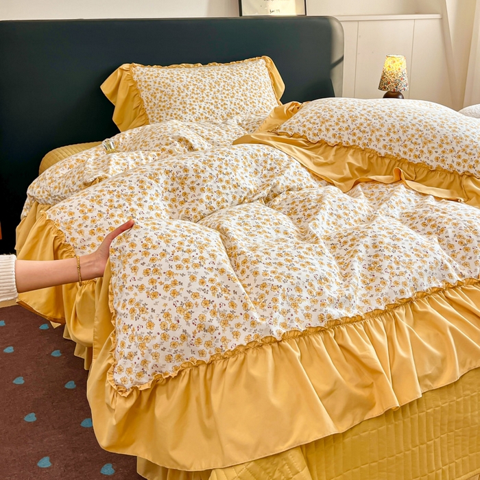 梦可莱家居 2026春夏新品法式复古大花边清新复古卡通系列床盖四件套 小黄花儿