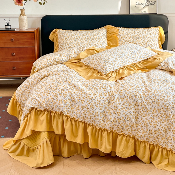 91家纺网 家纺一手货源 找家纺 梦可莱家居 2026春夏新品法式复古大花边清新复古卡通系列床盖四件套 小黄花儿
