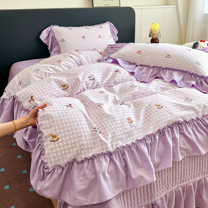 梦可莱家居 2026春夏新品法式复古大花边清新复古卡通系列床盖四件套 小木马