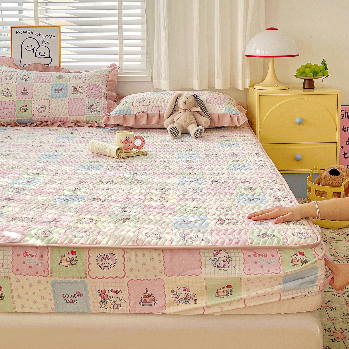 纽缦家纺 2026春夏新款云朵提花双层纱夹棉绗缝单床笠 床笠单件 蛋糕派