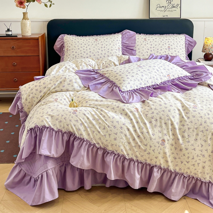 91家纺网 家纺一手货源 找家纺 梦可莱家居 2026春夏新品法式复古大花边清新复古卡通系列床盖四件套 紫荆
