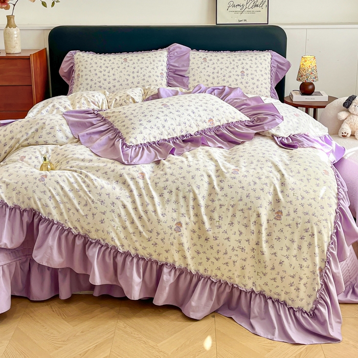91家纺网 家纺一手货源 找家纺 梦可莱家居 2026春夏新品法式复古大花边清新复古卡通系列床盖四件套 紫荆